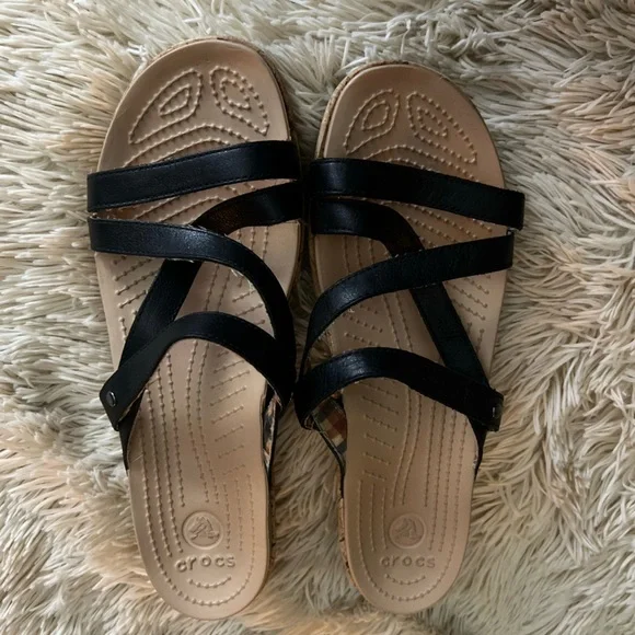 CROCS Women's Black and Tan Sandals - Picture 2 of 4